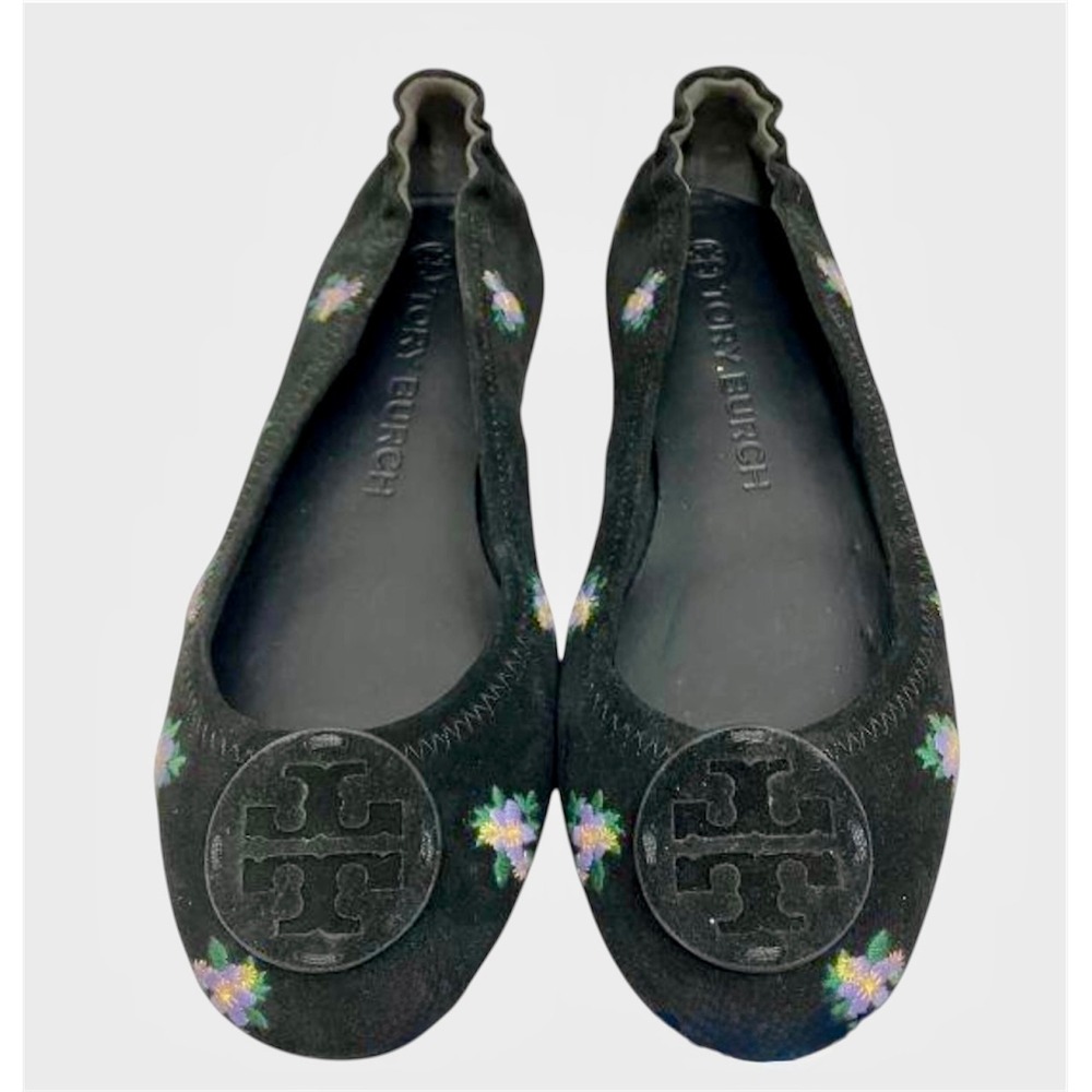 Tory Burch Minnie Travel Ballet Flats Women 8M Black Excellent Floral Suede Logo
